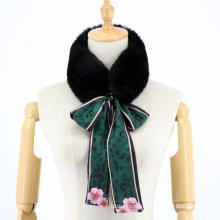 New Fashion Soft Women Faux Rabbit Fur Collar Scarf Faux Fur Collar Scarf with Leopard Satin Ribbon Soft Plush Shawl Wrap
